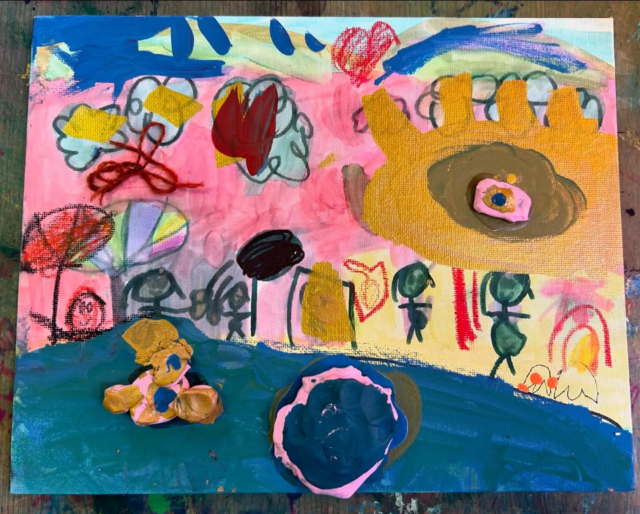Find this piece, “The Best Day at the Beach”, at @austinstudiotour kickoff party tonight! It was created by one of our students, age 4.5.  It will be on display at @carvermuseumatx the entire month of November.  #projectbasedlearning #mixedmedia #eastaustinstudiotour